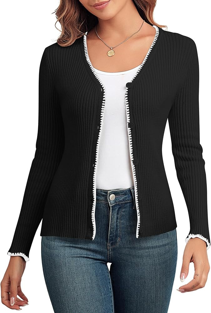 ZAFUL Women's Color Block Ribbed Knit Long Sleeve V Neck Button up Open Front Lightweight Cardiga... | Amazon (US)