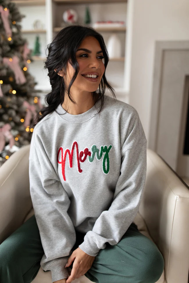 Merry Ombre Chenille Patch Light Grey Oversized Graphic Sweatshirt | Pink Lily