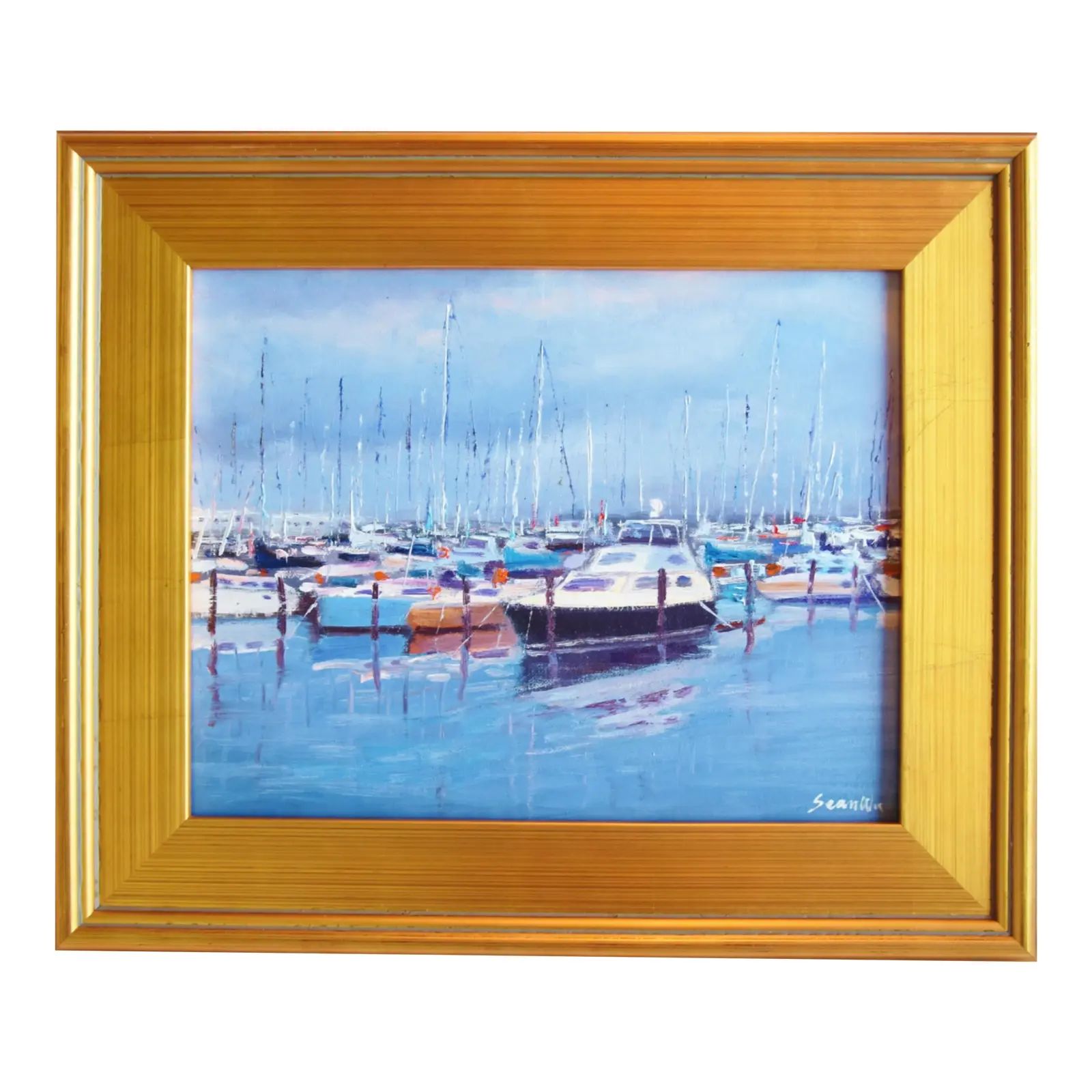 Original Artist Signed Nautical Coastal Boats Harbor Oil Painting W/ Gold Frame | Chairish