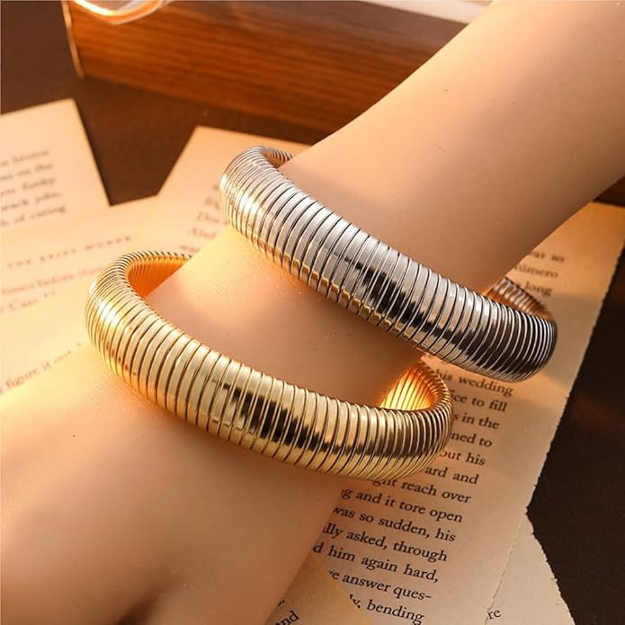 Gold Bangles for Women Set of 3 Chunky Stretch Bangles Bracelets 24K Gold Plated Stainless Steel ... | Amazon (US)