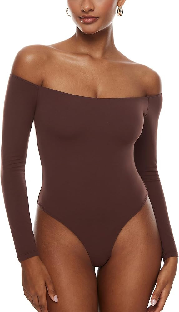 Women's Natrelax Off The Shoulder Bodysuit Long Sleeve Thong Sexy Bodycon Slim Fit Tops Leotard | Amazon (US)