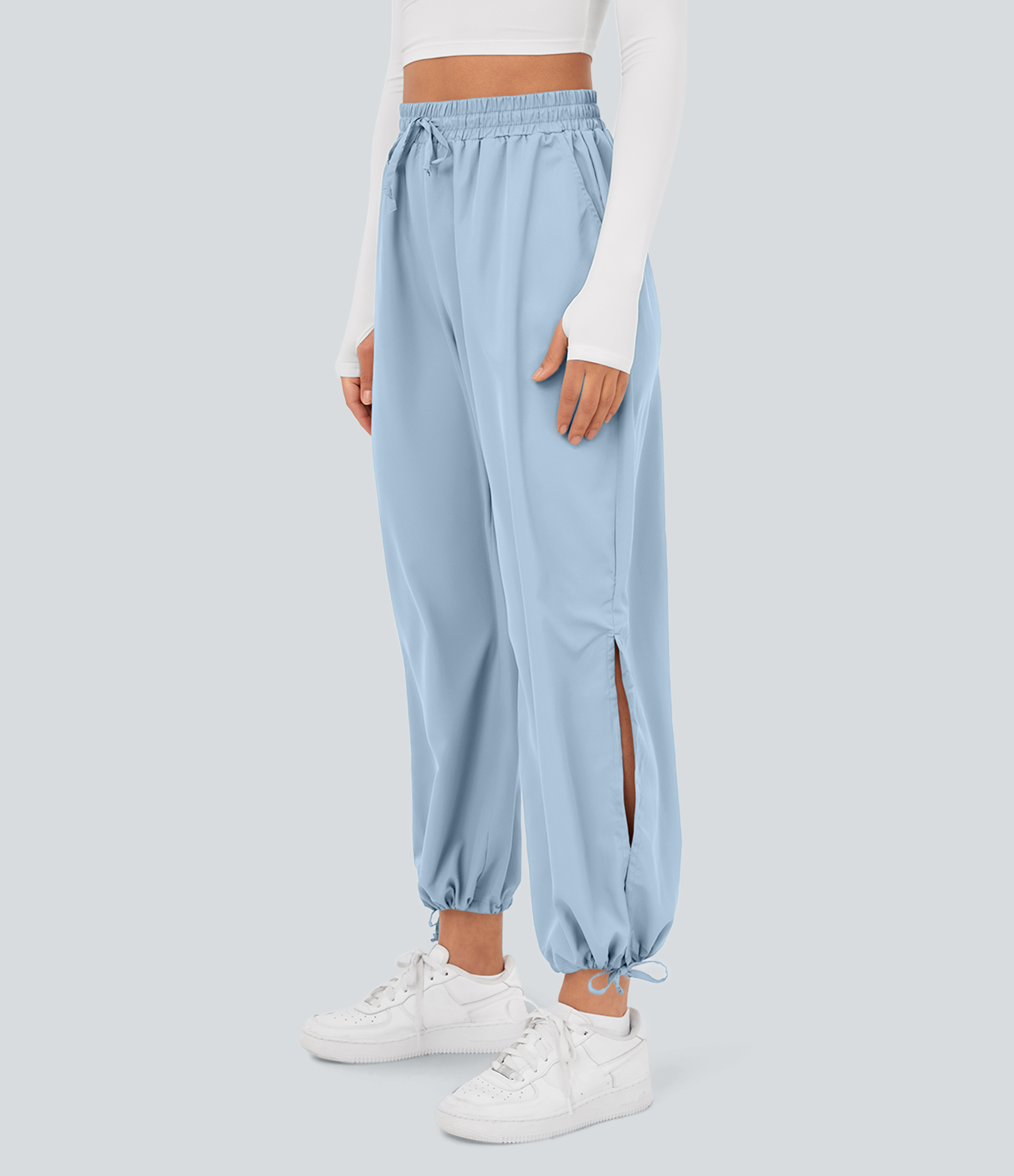 Halara Breezeful™ High Waisted Drawstring Side Pocket Split Hem Quick Dry Casual Joggers - Thin Ice Blue - M | HALARA