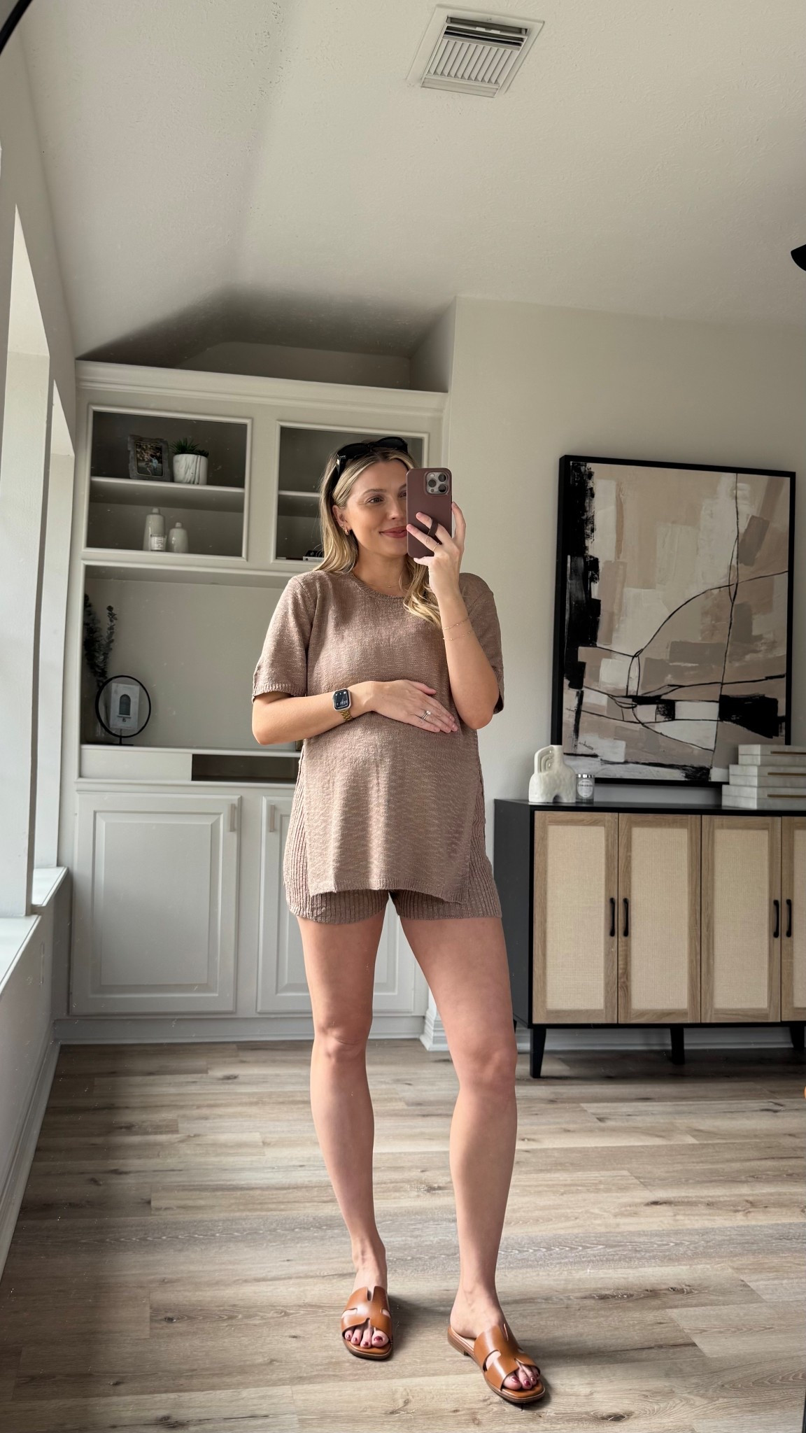 Bump Friendly Lounge Set | this set is so soft and the shorts are super stretchy and work great with the bump. Wearing size M (sized up to M at 35 weeks, typical wear a S). Size M in the sports bra tank. Sandals fit tts. 

#LTKStyleTip #LTKBump #LTKFindsUnder50