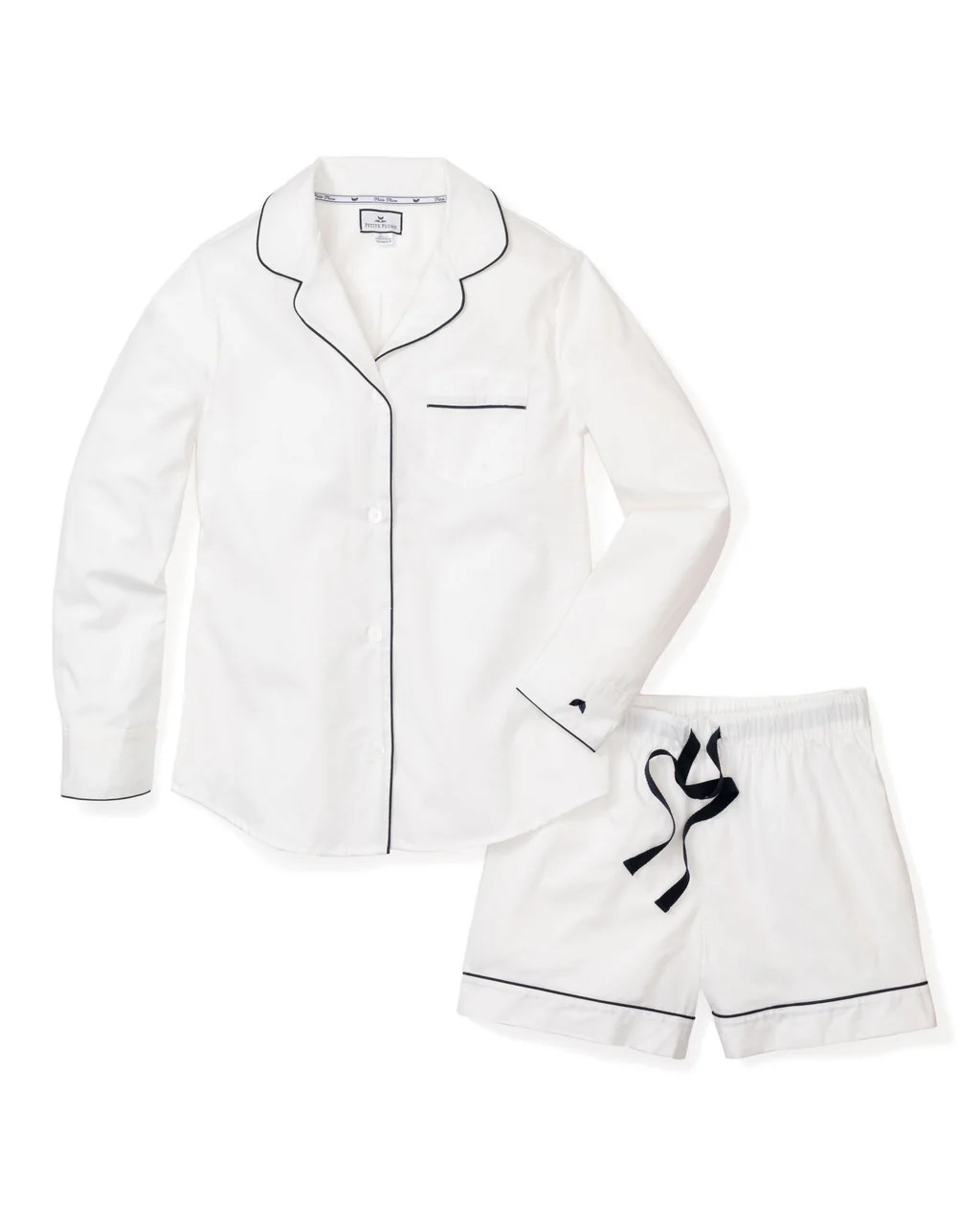 Women's Long Sleeve Short Set in White Twill with Navy Piping | Petite Plume