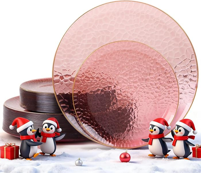 Hioasis 60pcs Burgundy Plastic Plates - Gold Rimmed Disposable, Hammered, Heavy-duty Dinnerware S... | Amazon (US)
