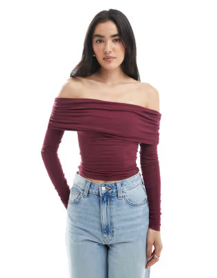Cotton On Rhi gathered off the shoulder slinky long sleeve top in red | ASOS (Global)