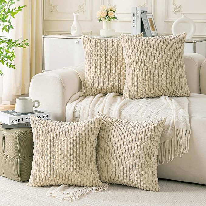 Amazon.com: Cozoomy Set of 4 Beige Decorative Throw Pillow Covers 18x18 Inch Corduroy Pillow Cove... | Amazon (US)