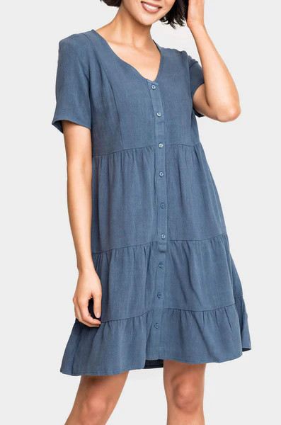 Short Sleeve Button Front Tiered Linen Dress | Gibsonlook