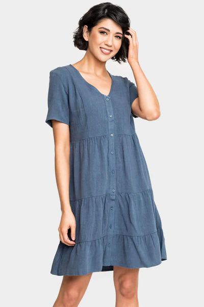 Short Sleeve Button Front Tiered Linen Dress | Gibson