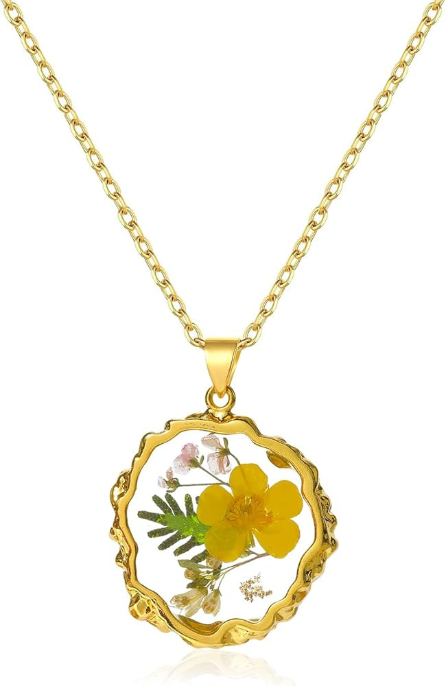 Birth Flower Necklaces for Women Golden Month Real Pressed Flora Necklace Handmade Boho Jewelry f... | Amazon (US)