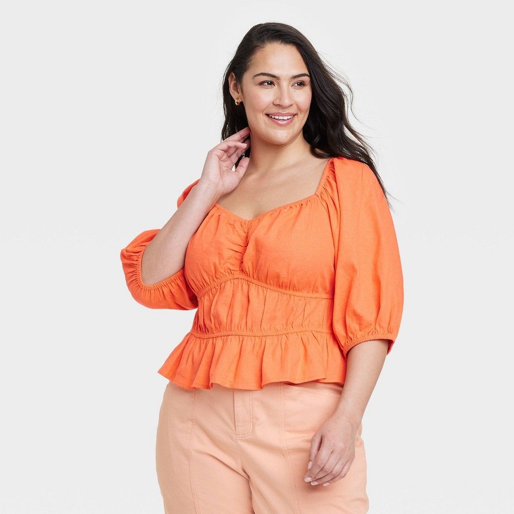 Women's Plus Size Puff Elbow Sleeve Linen Shirt - A New Day Orange 4X | Target