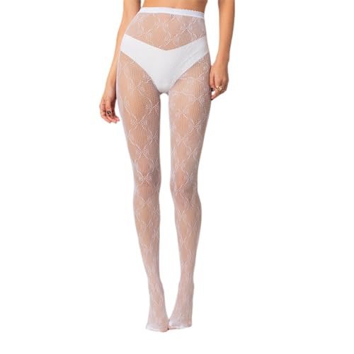 Luckinbaby Women Lace Patterned Tights Fishnet See Through Pantyhose Leggings Sexy Vintage Mesh Stockings(Bow White,One Size) | Amazon (US)