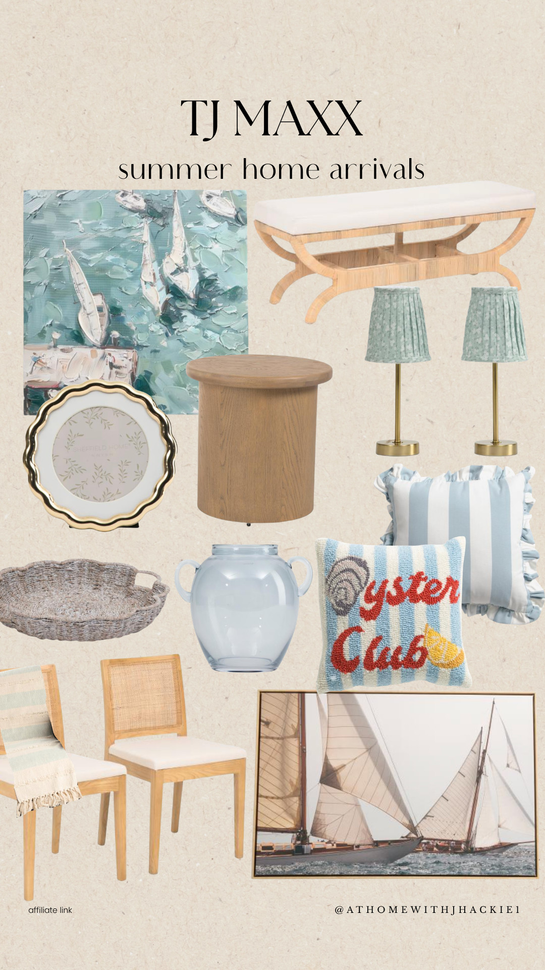 TJ Maxx Summer home arrivals, tj maxx home finds, summer home decor, coastal summer decor, oyster club pillow, blue and white decor, nautical home decor, woven trays, coastal artwork, sailboat art, summer throw pillows, rattan furniture, accent stools, cane dining chairs, summer tablescape decor, affordable coastal decor, homegoods style decor, breezy summer interiors, organic coastal style, layered neutral decor, designer inspired home finds, beach cottage decor, summer entryway decor, textured home accessories, coastal chic interiors, curated home finds

#LTKSeasonal #LTKHome