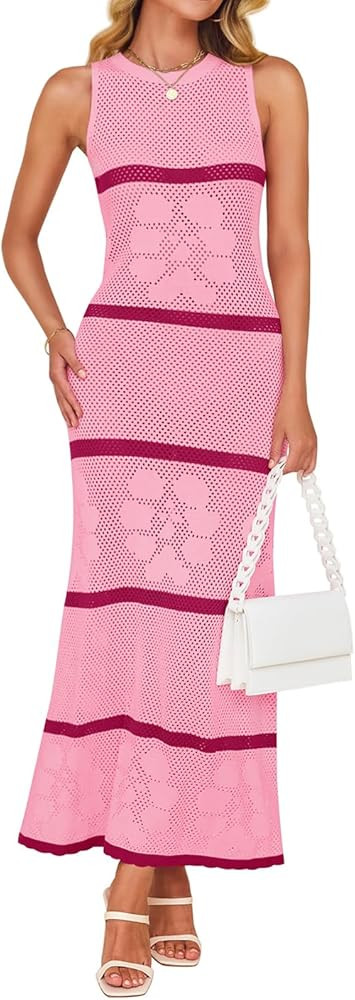 ZESICA Womens Summer Crochet Swimsuit Cover Up 2025 Sleeveless Hollow Out Striped Beach Long Maxi... | Amazon (US)