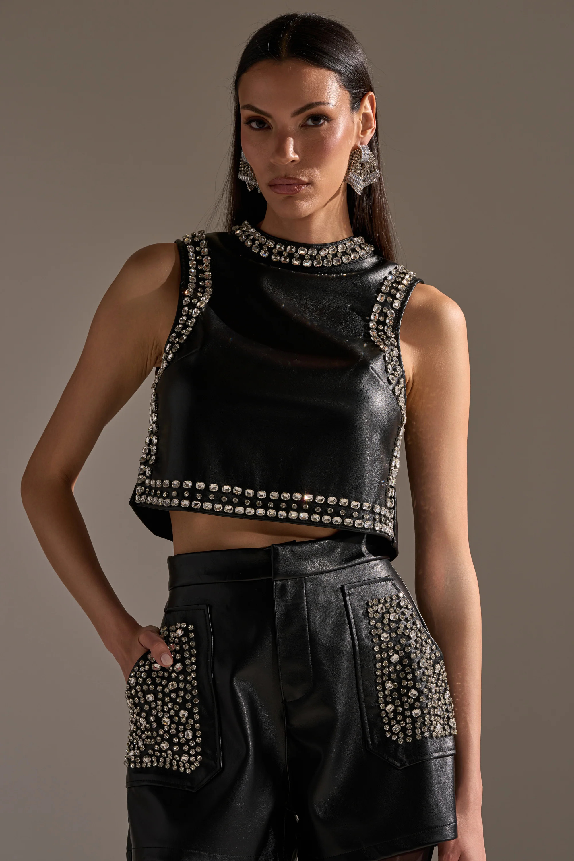 DANCE THE NIGHT AWAY FAUX LEATHER RHINESTONE BLOUSE | AKIRA