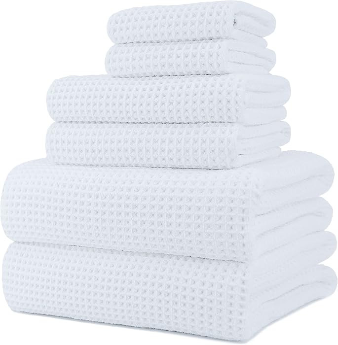 POLYTE 430 GSM Microfiber Quick Dry Lint Free Oversize Bath Towel Set, 6 Piece (Waffle Weave) | Amazon (US)