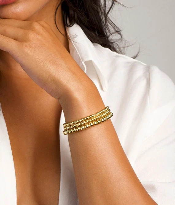 Gold Ball Bead Bracelet, Gold Bead Bracelet, Stacking Bracelets, Gold Bead Bracelet Set, Gold Bea... | Etsy (US)