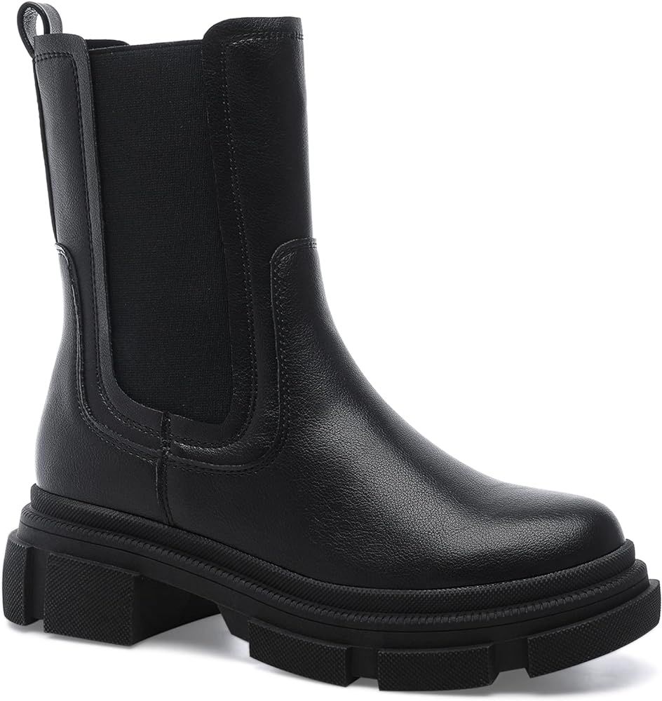 YETIER Women Mid Calf Platform Chelsea Boots Lug Sole Elastic Leather Chunky Block Heel Non-Slip ... | Amazon (US)