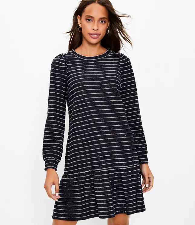 Shimmer Striped Shoulder Button Ruffle Dress | LOFT