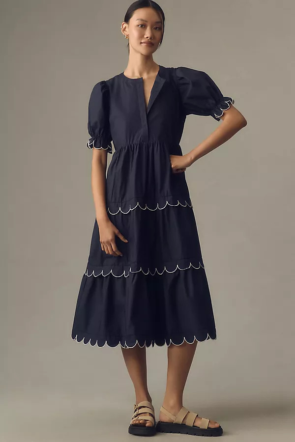 English Factory Short-Sleeve Scallop-Edge Midi Dress | Anthropologie (US)