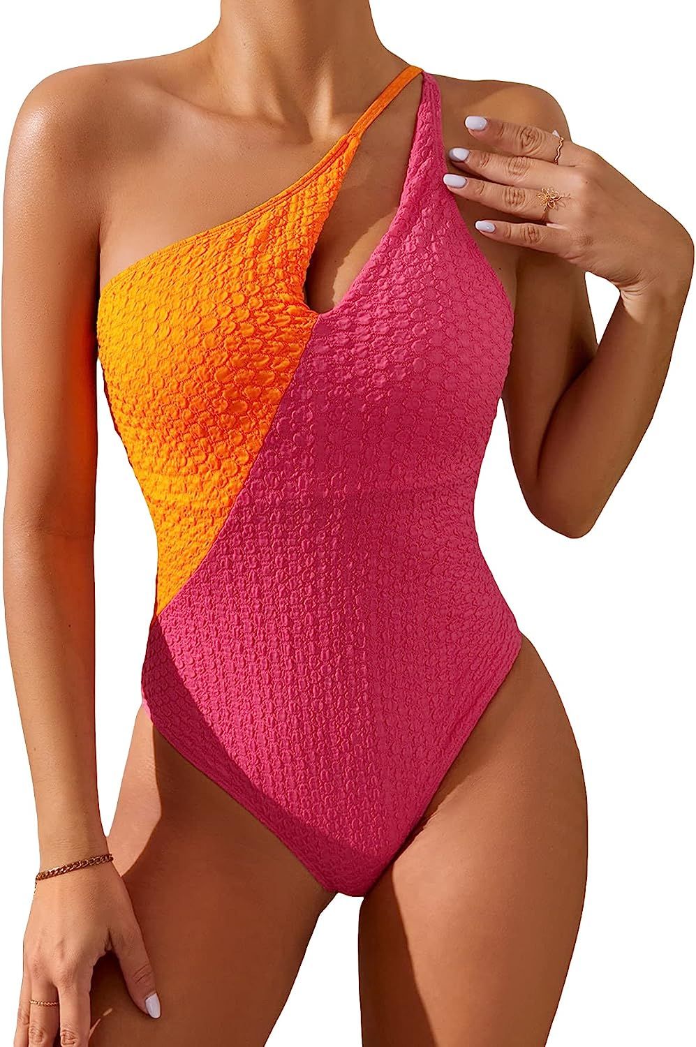 MakeMeChic Women's One Shoulder One Piece Swimsuit Cutout High Cut Bathing Suit | Amazon (US)