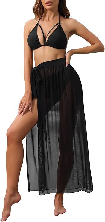 HAPCOPE Sexy Swimsuit for Women 3 Pieces Bikini Sets High Waisted Outfits Swim Skirt with Maxi Be... | Amazon (US)