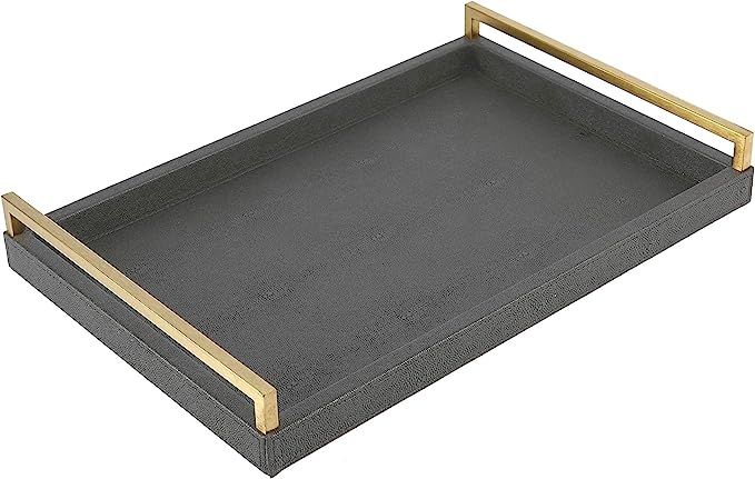 WV Decorative Tray Dark Grey Faux Shagreen Leather with Brushed Gold Stainless Steel Handle ,Serv... | Amazon (US)