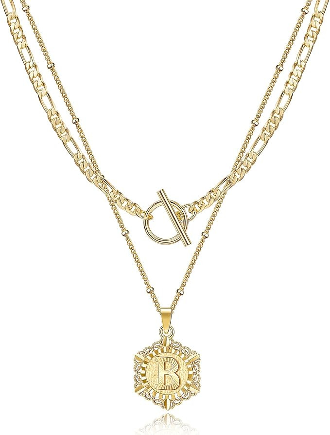 KissYan Gold Layered Initial Necklace for Women Girls, 14K Gold Plated Hexagon Letter Necklace Ca... | Amazon (US)