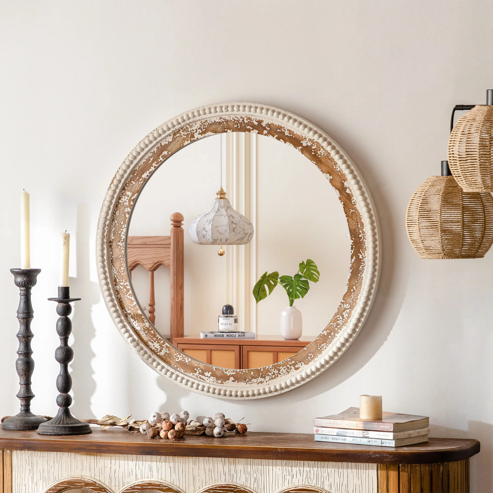 Wood Framed Vintage White Finish Round Wall Mirror With Beaded Detailing | Wayfair North America