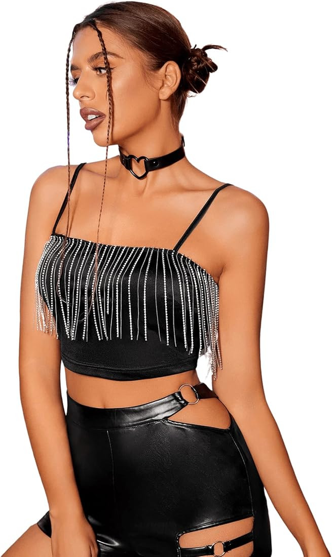 SweatyRocks Women's Spaghetti Strap Rhinestone Fringe Trim Cami Crop Top Clubwear | Amazon (US)