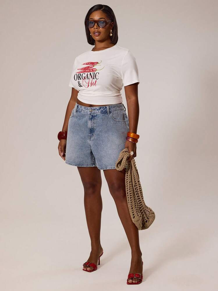 MUSERA Plus Size Longline Washed Denim Shorts Streetstyle , Holiday, Vacation, Summer, Beach, Sexy, Cute Back To School Streetwear | SHEIN