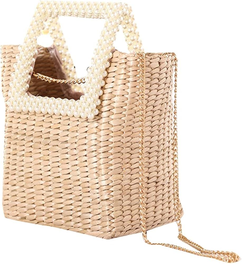 Pocadri Women Straw Tote Bag Pearl Exquisite Trendy Handbag Ladies Girls Party Beach Travel Bag | Amazon (US)