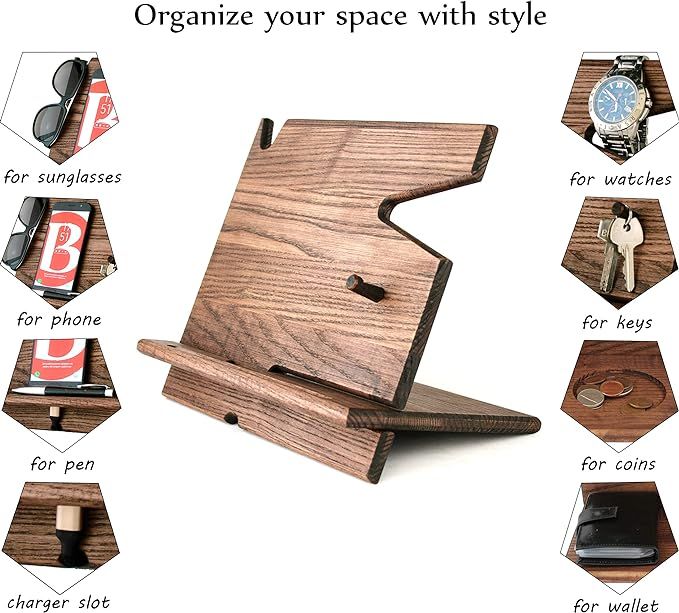 Wooden Cell Phone Stand. Nightstand Charging Dock Plus Watches Holder. Mens Wood Bed Side Valet T... | Amazon (US)