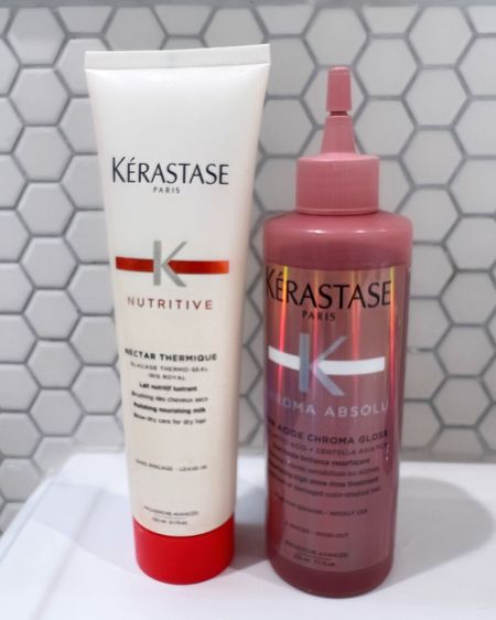 Two of my Kerastase hair products picks:

Nutritive Heat Protecting Leave-In Treatment For Dry Hair: I use this on my towel dried hair before blowing and styling. It’s a light cream that makes the texture of your hair softer and smoother.  

Chroma Absolu High Shine Gloss Treatment for Color-Treated Hair: an at-home rinse-out gloss treatment that coats and seals hair, making it look shinier and softer. And it’s a fraction of what you would pay in for a salon treatment.

#LTKxPrime #LTKbeauty #LTKstyletip