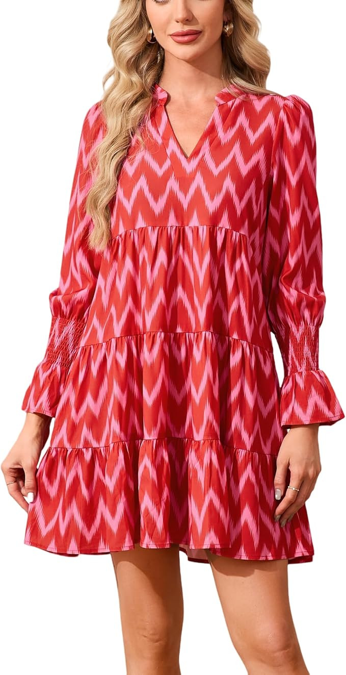 Ladyful Long Sleeve Shift Mini Dress for Women Casual Fall V Neck Ruffle Tiered Flowy Tunic Short... | Amazon (US)