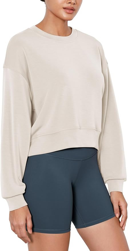 ODODOS Modal Soft Long Sleeve Cropped Sweatshirts for Women Oversized Crew Neck Pullover Crop Top | Amazon (US)