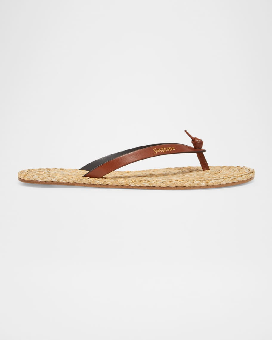 Saint Laurent Maine Raffia and Leather Thong Sandals | Neiman Marcus