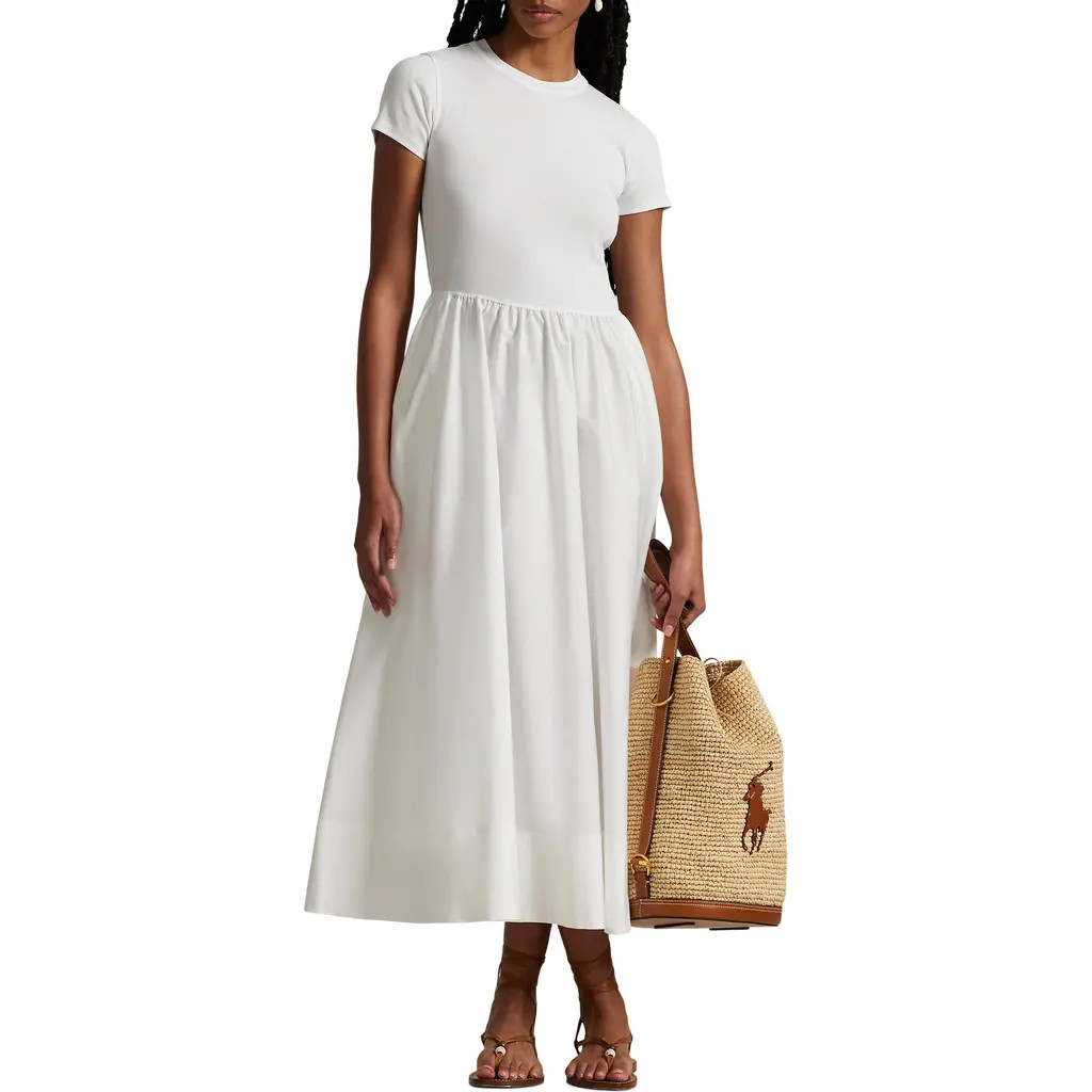Polo Ralph Lauren Short Sleeve Cotton Midi Dress in White at Nordstrom, Size Medium | Nordstrom