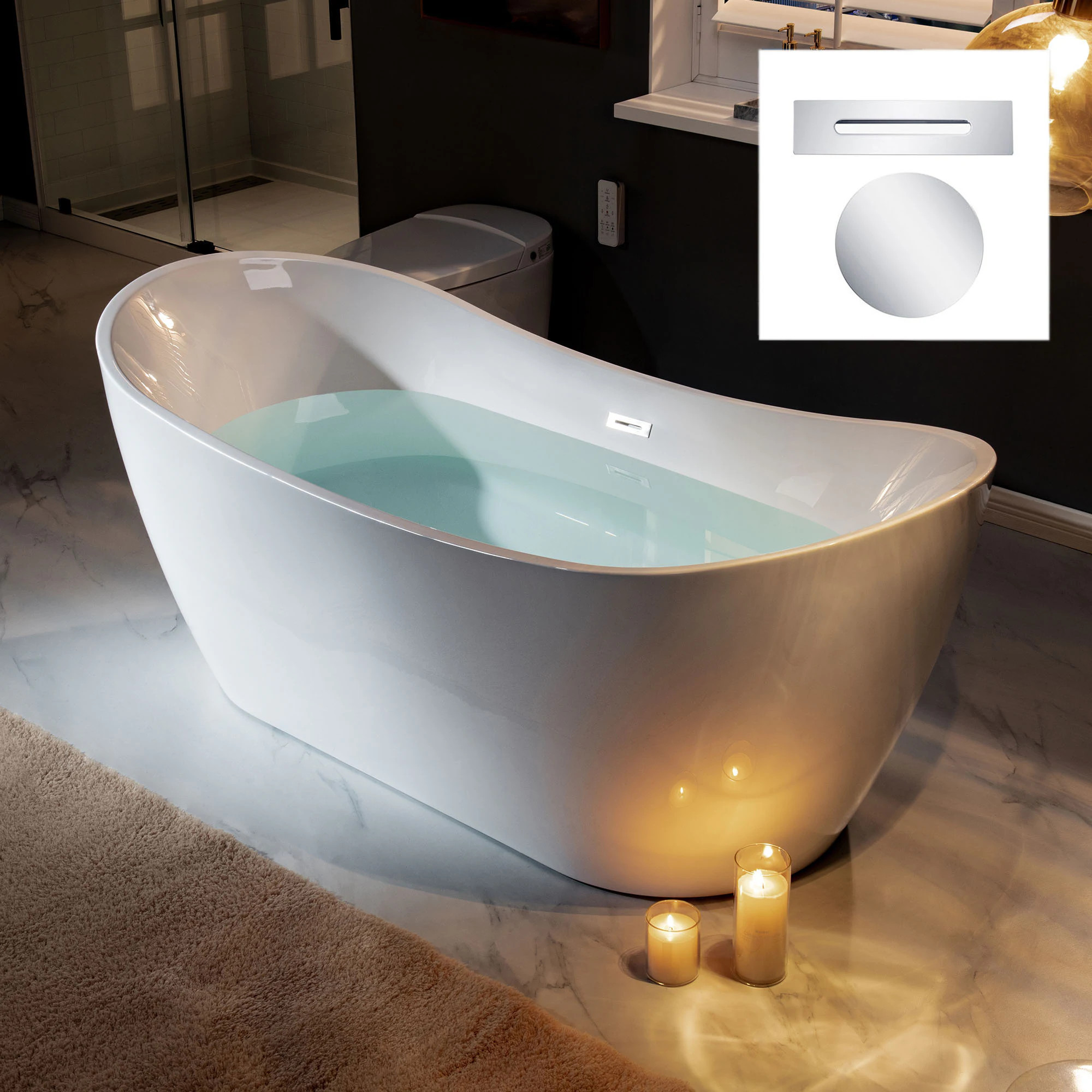 Woodbridge Bourne 31.5-in x 71-in White with Chrome Trim Acrylic Oval Freestanding Soaking Bathtub with Drain ( Center Drain ) Stainless Steel | LB343 | Lowe's