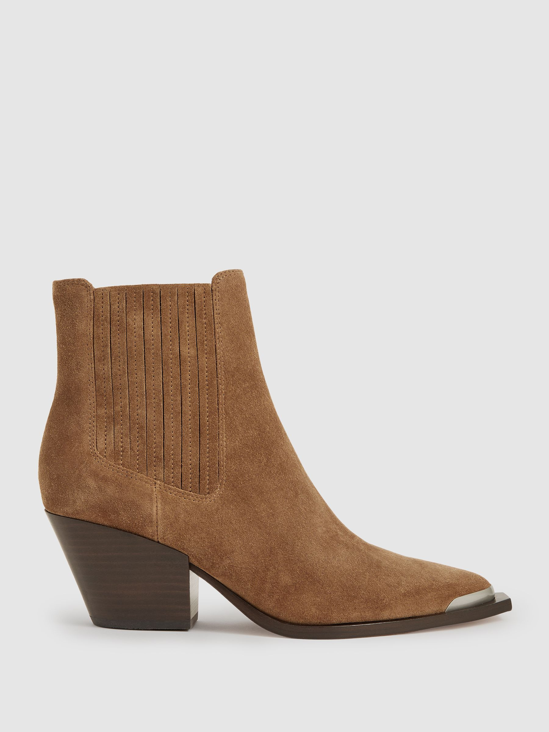 Paige Suede Block-Heel Ankle Boots in Tan | Reiss UK