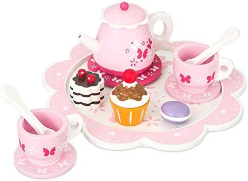 16 Pc Wooden Tea Set Toy - Includes Wood Tea Pot, Carrying Tray, teacups, Cupcakes. Made with Pre... | Amazon (US)