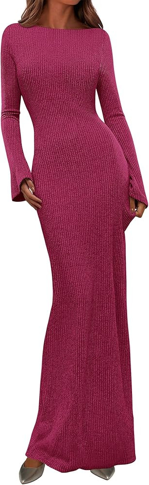 PRETTYGARDEN Women's Fall Fashion 2026 Long Sleeve Maxi Dress Ribbed Knit Boat Neck Bodycon Casua... | Amazon (US)