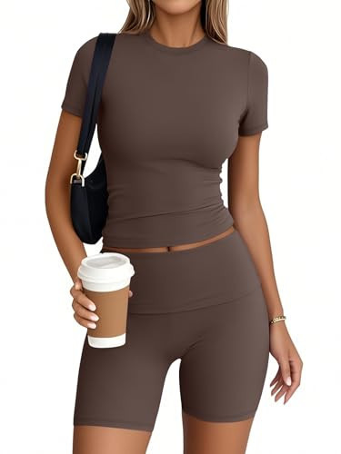 Trendy Queen 2 Piece Summer Cute Workout Sets Gym Short Set Pilates Yoga Outfits Going Out Spring Athletic Comfy Active Wear MochaBrown XS | Amazon (US)
