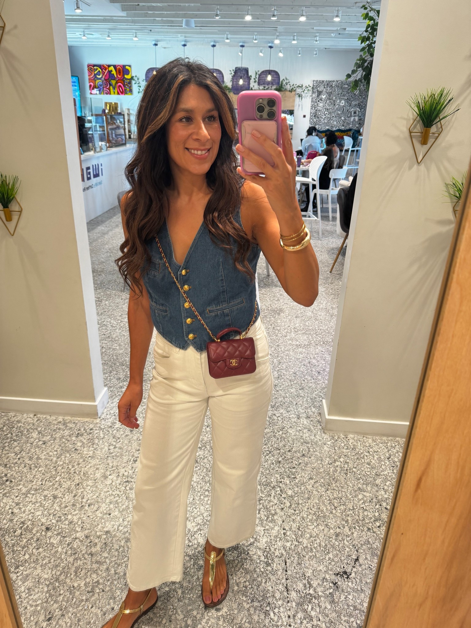 Summer to fall fit. Love these pants and denim vest combo. Added a pop of color with the mini Chanel  

#LTKStyleTip #LTKSeasonal #LTKFindsUnder100