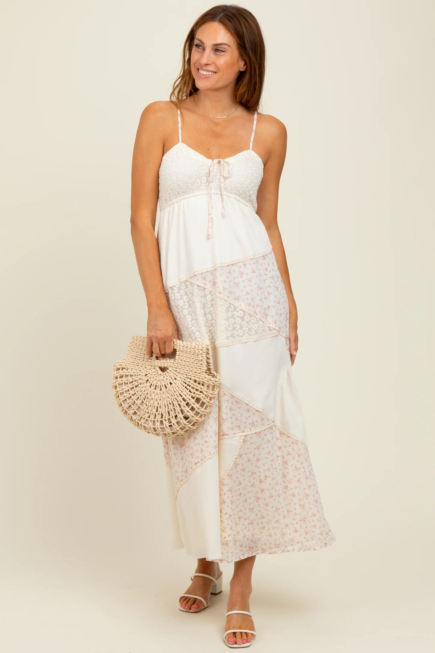 Cream Floral Sweetheart Neck Midi Dress | PinkBlush Maternity