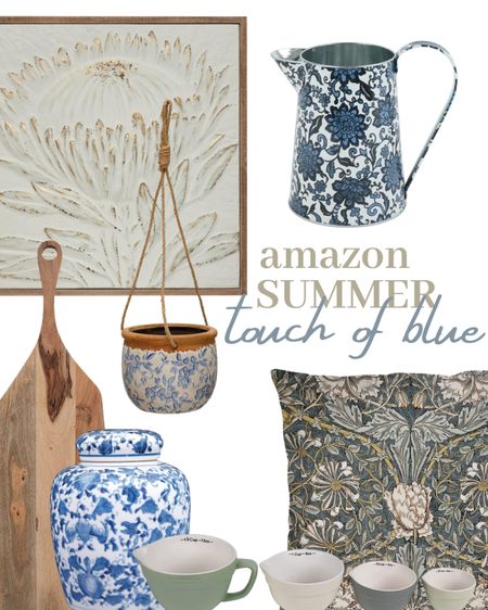 Amazon Summer Home Decor with a touch of blue | vase | planter | wall art | pillow cover 