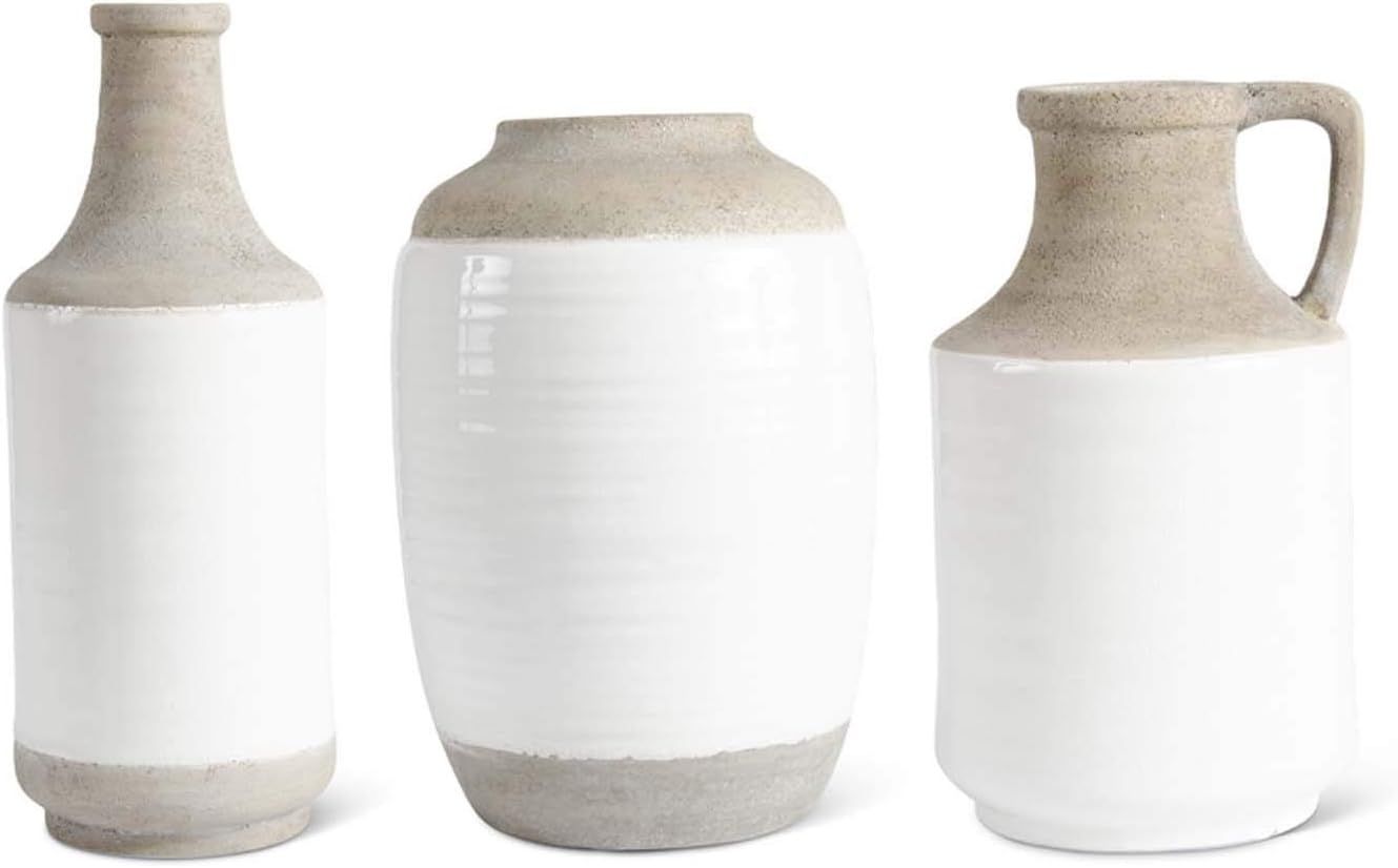 K&K Interiors 15540A Set of 3 Assorted White and Natural Stone Ceramic Vases | Amazon (US)