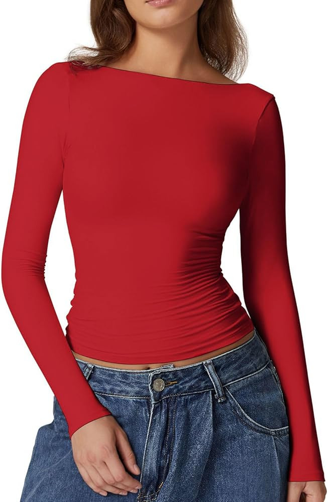 QINSEN Women's Sexy Open Back Long Sleeve Shirts High Neck Double Lined Tees Fitted Going Out Top... | Amazon (US)