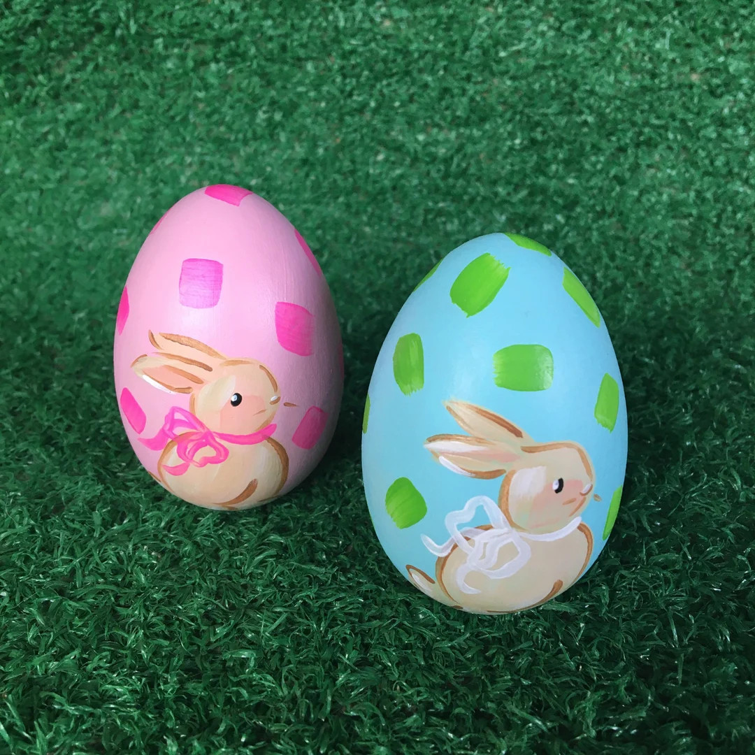 Brown Bunny rabbit Easter egg with name - colorful rabbit painted on wood egg - kids egg with bun... | Etsy (US)