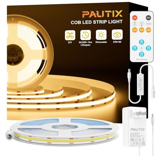 PAUTIX COB LED Strip Light,LED Lights 16.4ft,UL Listed Warm White 2700K Dotless Strip Lights,CRI93+ Super Bright Dimmable 24V Flexible Tape Light with RF Remote,for Cabinets,Kitchen Office Lighting | Amazon (US)